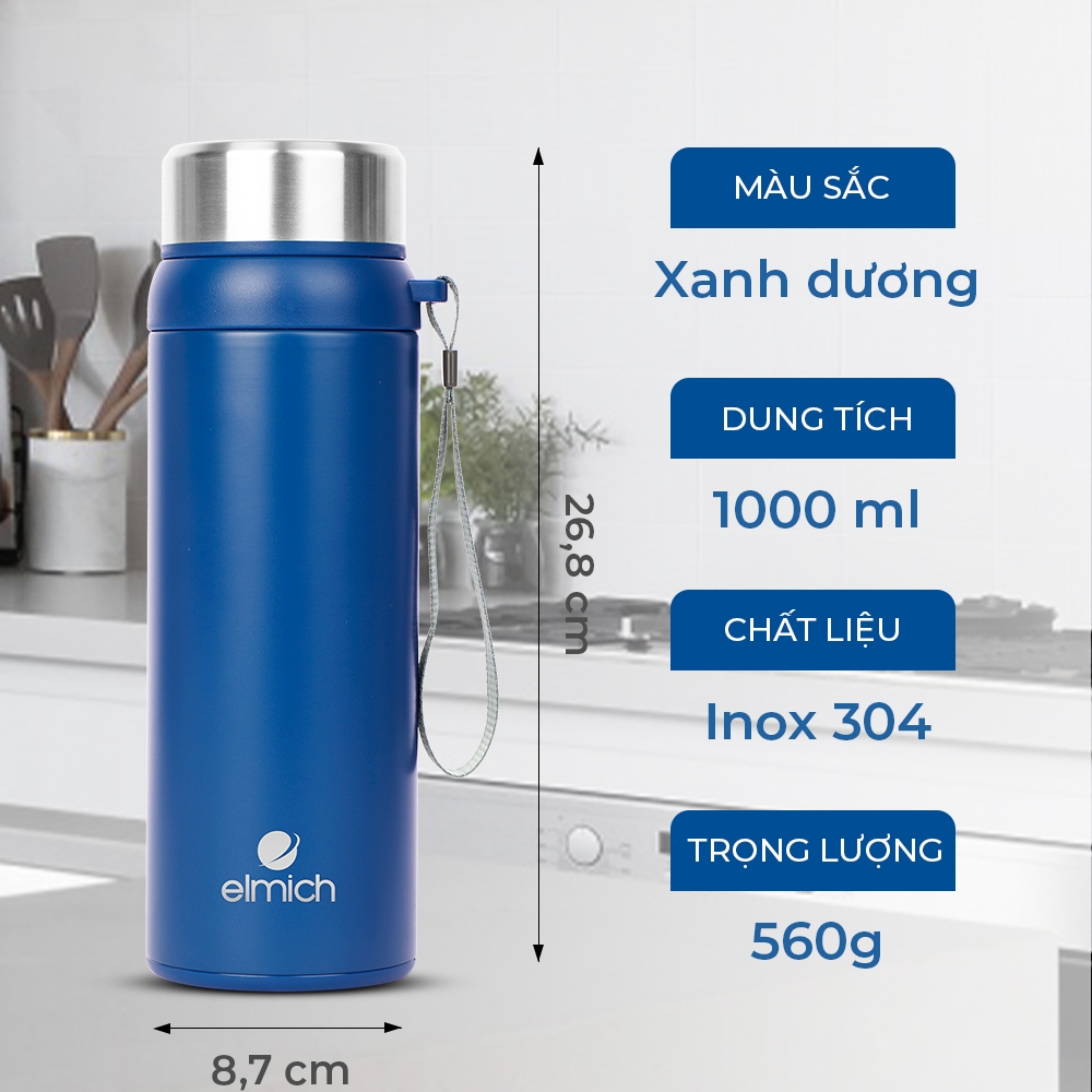 Bình giữ nhiệt Inox 304 Elmich EL-3683 (Dung tích 1000ml, Mầu Xanh, Giữ nóng 8 tiếng lạnh 12 tiếng)