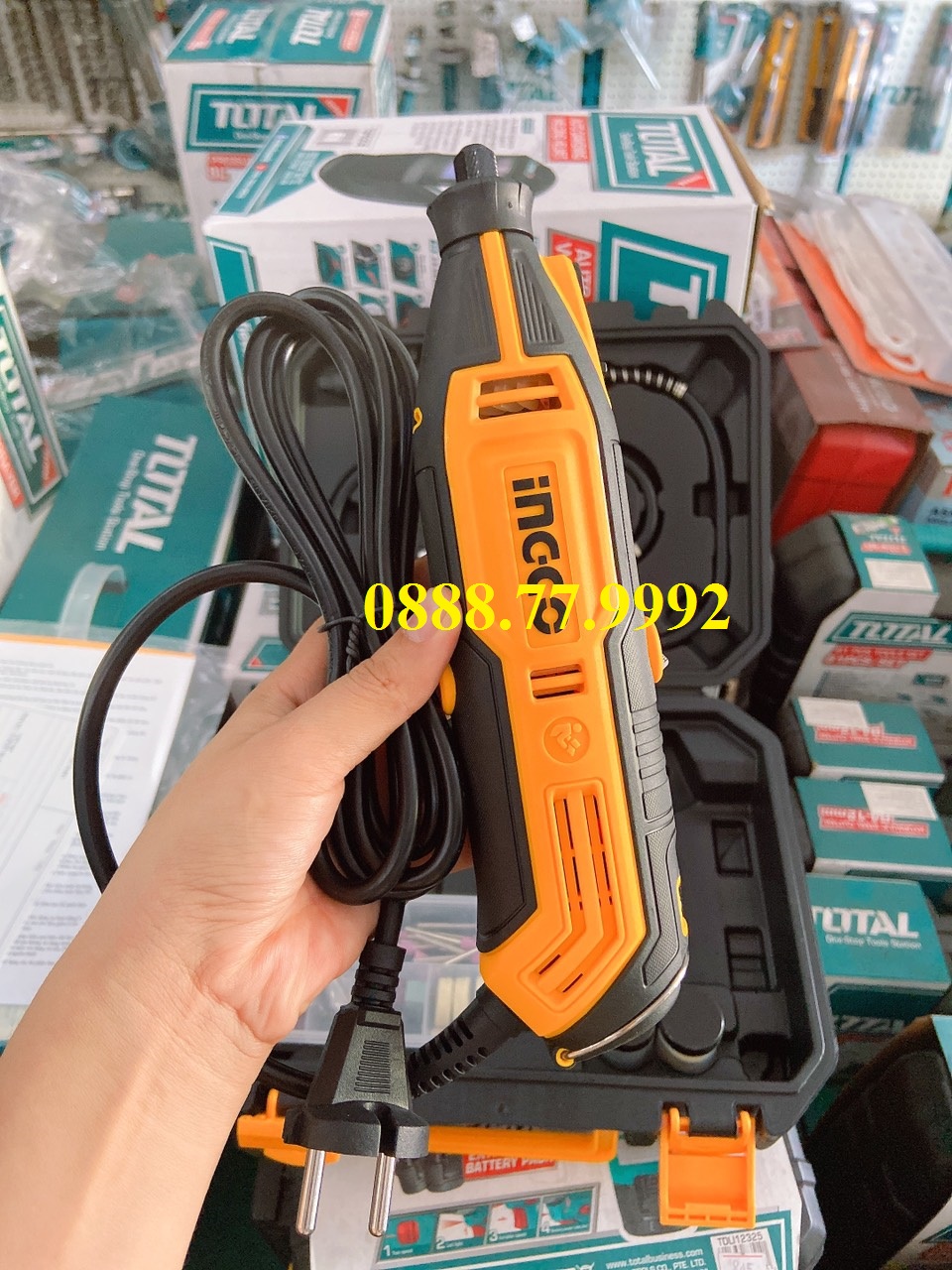 Máy mài khuôn cầm tay mini INGCO MG1309, bộ máy mài, khắc, khoan mini cốt 3.2mm tặng kèm 52 phụ kiện và dây nối đàn hồi