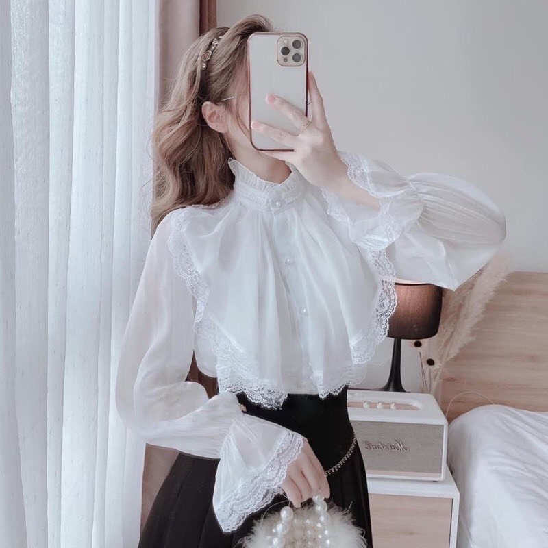 Áo sơ mi nữ dài tay tiểu thư 2 lớp phối ren màu nhẹ nhàng_444