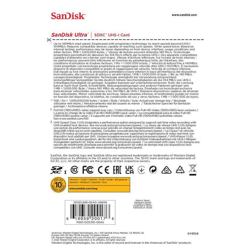 Thẻ nhớ Máy Ảnh SDXC SanDisk Ultra 64GB U1 140MB/s (Xám) Nhất Tín Computer