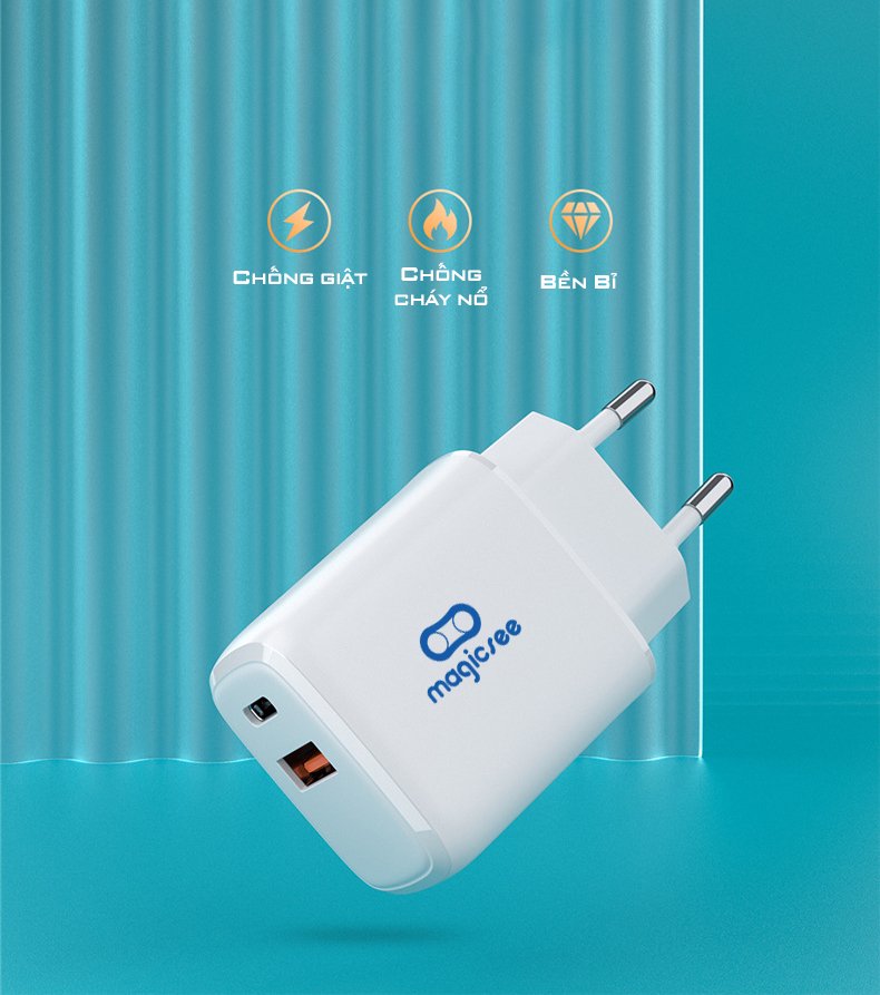 Củ sạc nhanh PD20W Magicsee E1 QC3.0 , tối đa 20W , 2 cổng USB và Type C