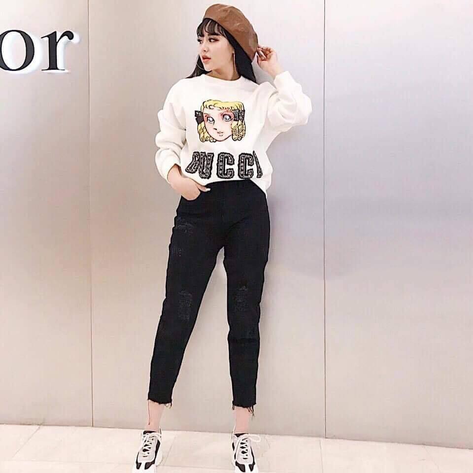 Quần jean nữ rách bụi dáng baggy co giãn