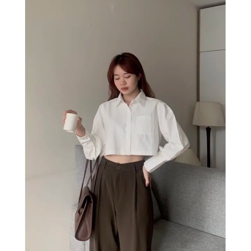 áo sơ mi croptop 2 màu xanh trắng