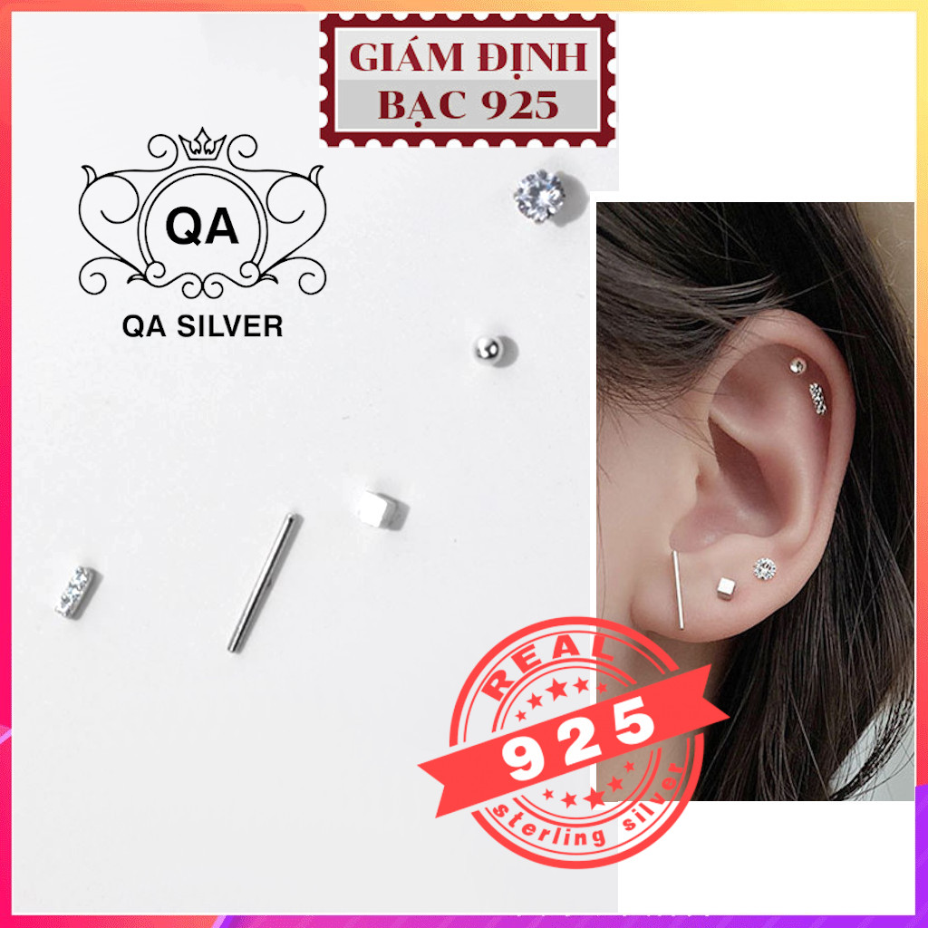 Set bông tai bạc 925 nụ 5 món khuyên đính đá nam nữ unisex S925 MINIMAL QA SILVER Earrings EA200413