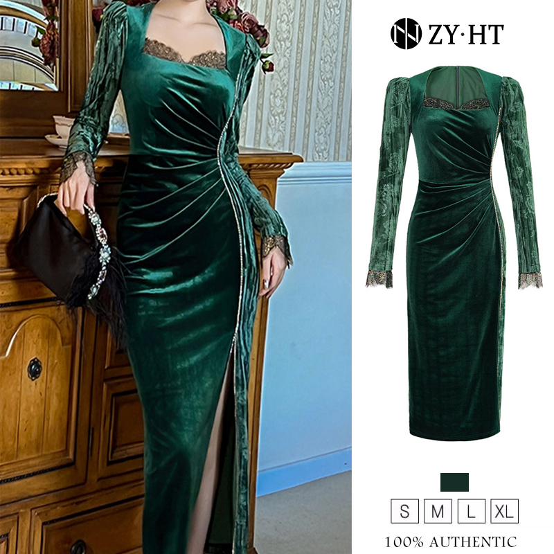 ZYHT EraVogue Đầm Váy nữ váy xanh váy dài tay váy cổ vuông váy nhung váy dạ hội váy xã hội cao váy cổ điển váy sự kiện váy dự tiệc 20993