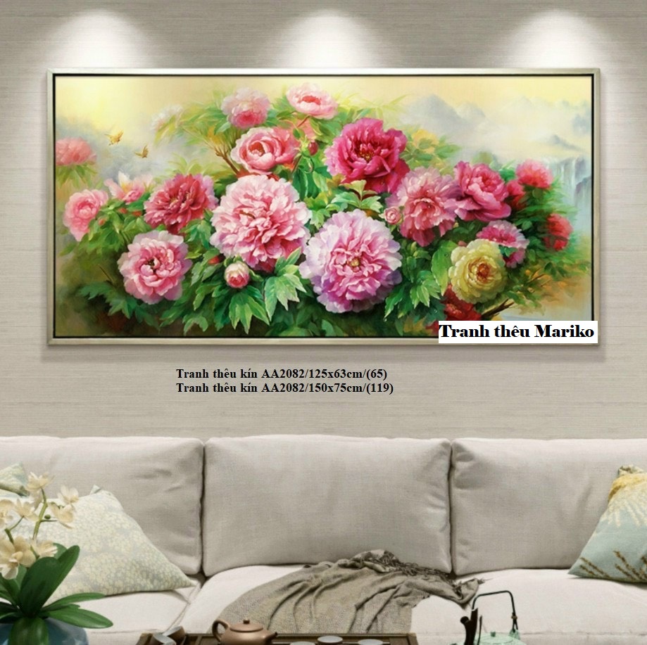 Tranh thêu kín hoa mẫu đơn aa2082 kích thước 150 x 75 cm tranh thêu chỉ 4 nhé ct9