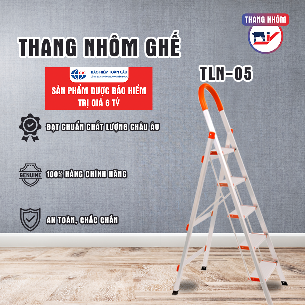 Thang nhôm ghế 5 bậc diy tln-05 chiều cao sử dụng tối đa 120cm, tải trọng 150kg - hàng chính hãng - tiêu chuẩn an toàn châu âu
