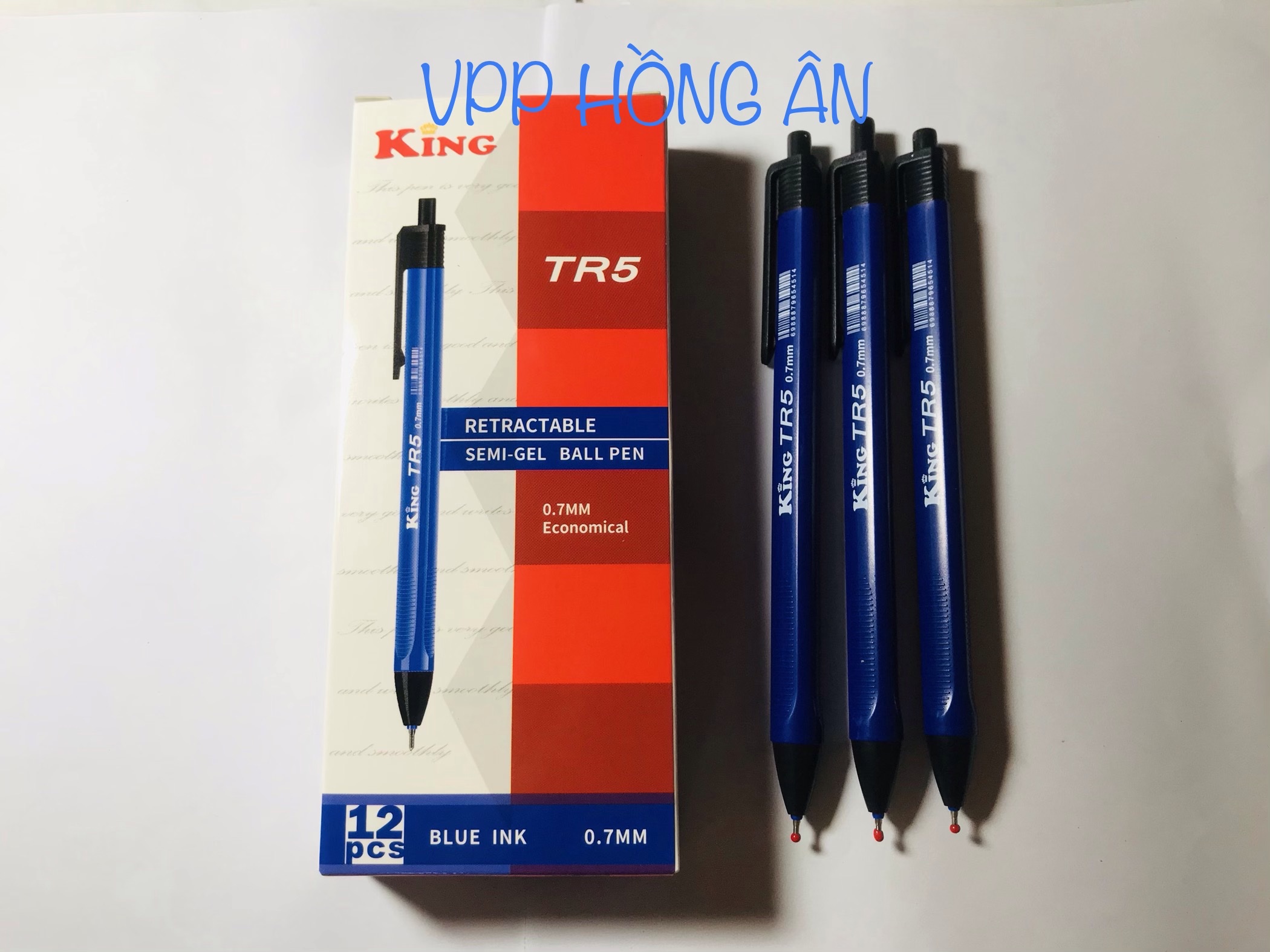 Hộp 12 cây bút bi bấm king tr5 ngòi 0.7mm mực xanh cho nét thanh mảnh, viết êm, trơn