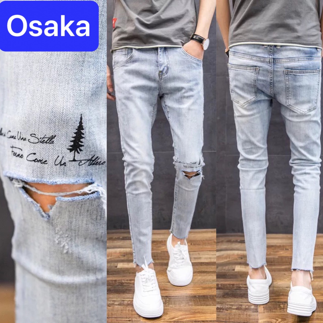 QUẦN JEAN NAM CHẤT BÒ XANH CÂY THÔNG RÁCH SAKURA SÀNH ĐIỆU NHẬT BẢN OK-6090 - OSAKA FASHION