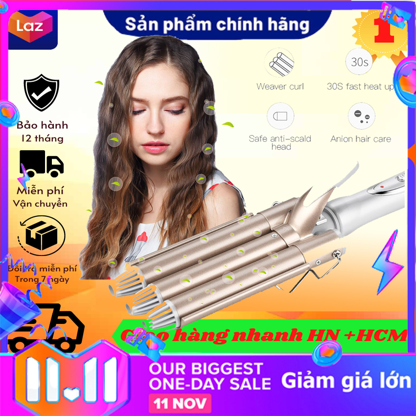 Máy uốn tóc gợn sóng, máy tạo kiểu uốn xoăn sóng nước đa năng, máy làm xoăn sóng 3 trục phong cách hàn quốc, máy bấm tóc, máy kẹp tóc tiện lợi dễ sử dụng