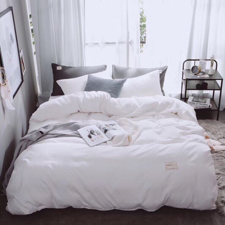 Trọn bộ chăn ga gối cotton tici xuất nhật màu trắng basic, mát mịn