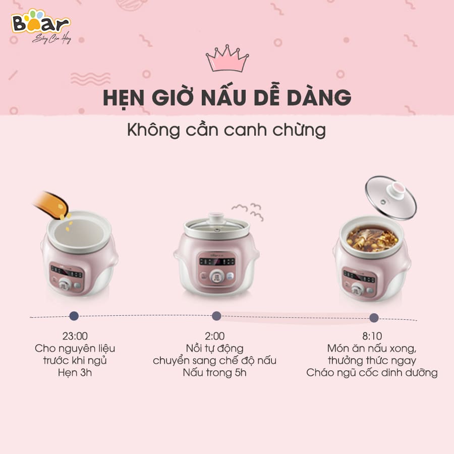 Nồi nấu cháo chậm cho bé  BEAR D10B1S, dung tích 1L