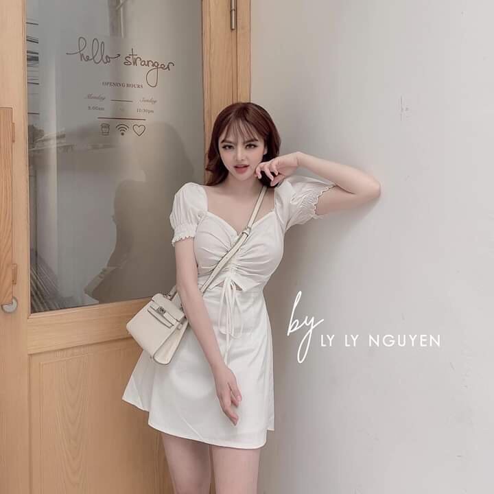 Đầm nữ màu trắng rút dây ngực