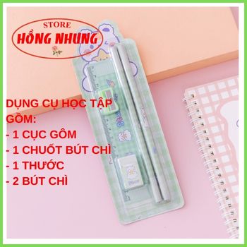 [ Sale Lớn] Bộ Combo Học Tập Xinh Xắn ( 2 Bút Chì, 1 Cục Gôm, 1 Thước, 1 Đồ Chuốt)