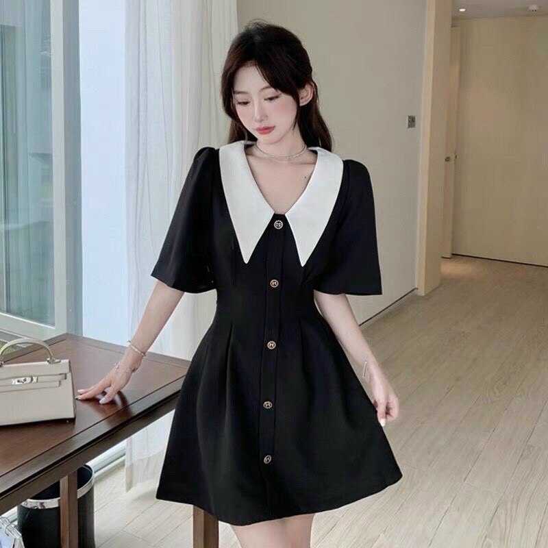 Đầm chữ a cổ cánh tiên phối nút, tay lỡ phong cách công sở xinh xắn