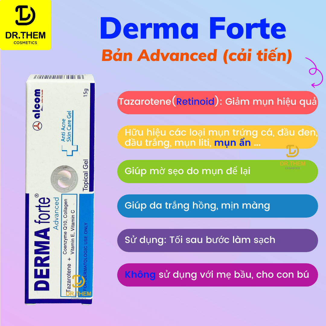 Derma Forte Gel 15g - Advanced, Giúp Giảm Mụn Trứng Cá, Ngừa Thâm, Mờ Sẹo, Dưỡng Da, GamMa - Dr Thêm