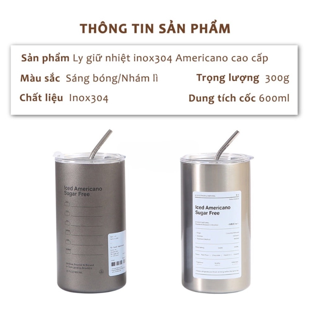 Cốc Giữ Nhiệt Iced Americano Inox 304 Dung Tích 600ml Có Tặng Kèm Ống Hút, Giữ Nhiệt 6-8 Tiếng Thiết Kế Sang Trọng, Có Nắp Chống Tràn Bình Giữ Nhiệt Bình Nước Ly Giữ Nhiệt Binh Nước Giữ Nhiệt Bình Nước Học Sinh Bình Nước