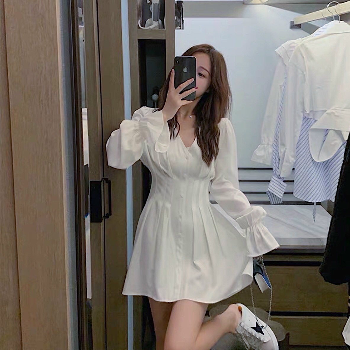 Đầm xếp li eo tay dài 2 màu
