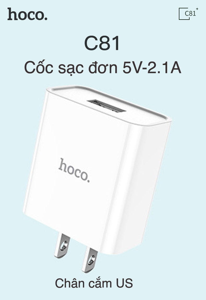 Củ sạc nhanh Hoco C81 sạc nhanh 2.1A 1 cổng sạc USB chất liệu PVC an toàn dành cho iPhone Samsung Huawei Xiaomi Oppo