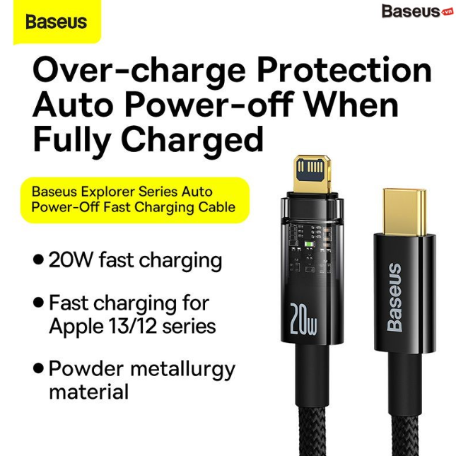 Cáp Sạc nhanh Tự Ngắt Gen2 Baseus Explorer Series cho iPhone/ iPad (Type C to Lightning Auto Power-Off, PD 20W Fast Charging Data Cable )