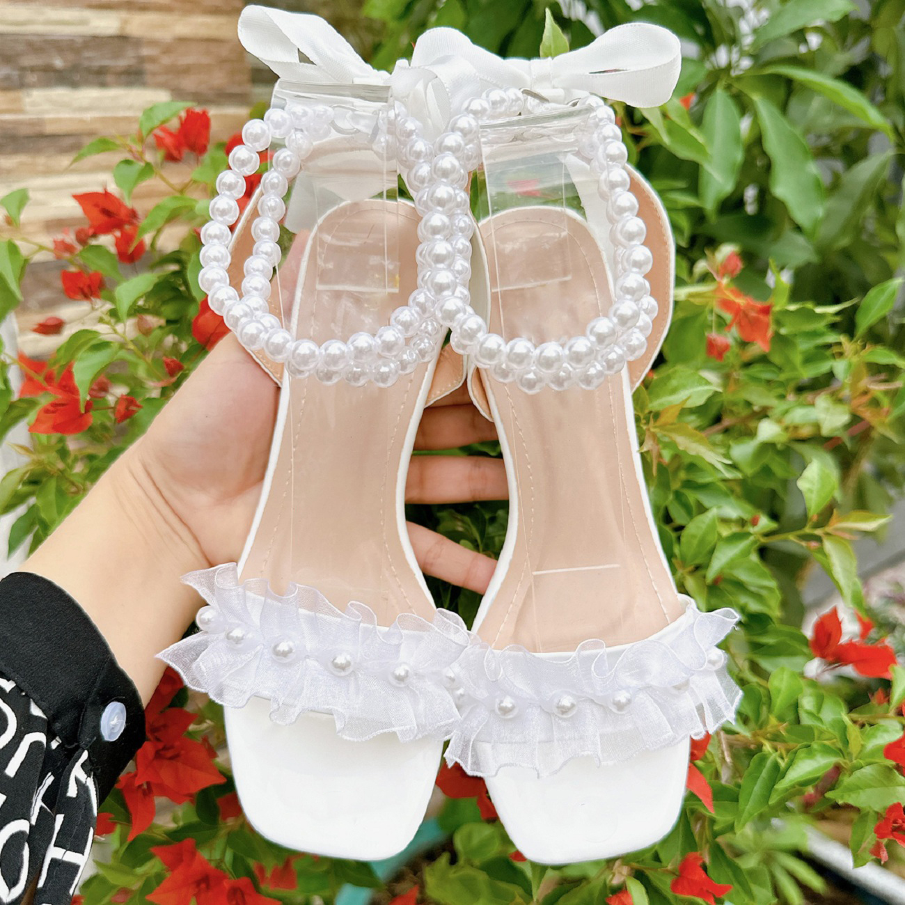 Giày cao gót nữ quai ngọc gót vuông 7 phân TRẮNG