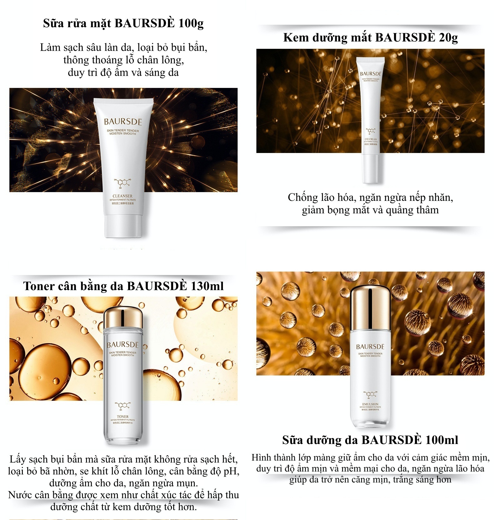 Bộ sản phẩm dưỡng trắng da mặt BAURSDÈ 5 món: Sữa rửa mặt+Nước cân bằng da+Serum dưỡng ẩm+Sữa dưỡng ẩm+Kem dưỡng da giúp cấp ẩm, sáng da, chống lão hóa, trọn bộ skincare mỹ phẩm dưỡng da, chăm sóc da mặt cao cấp SPU182