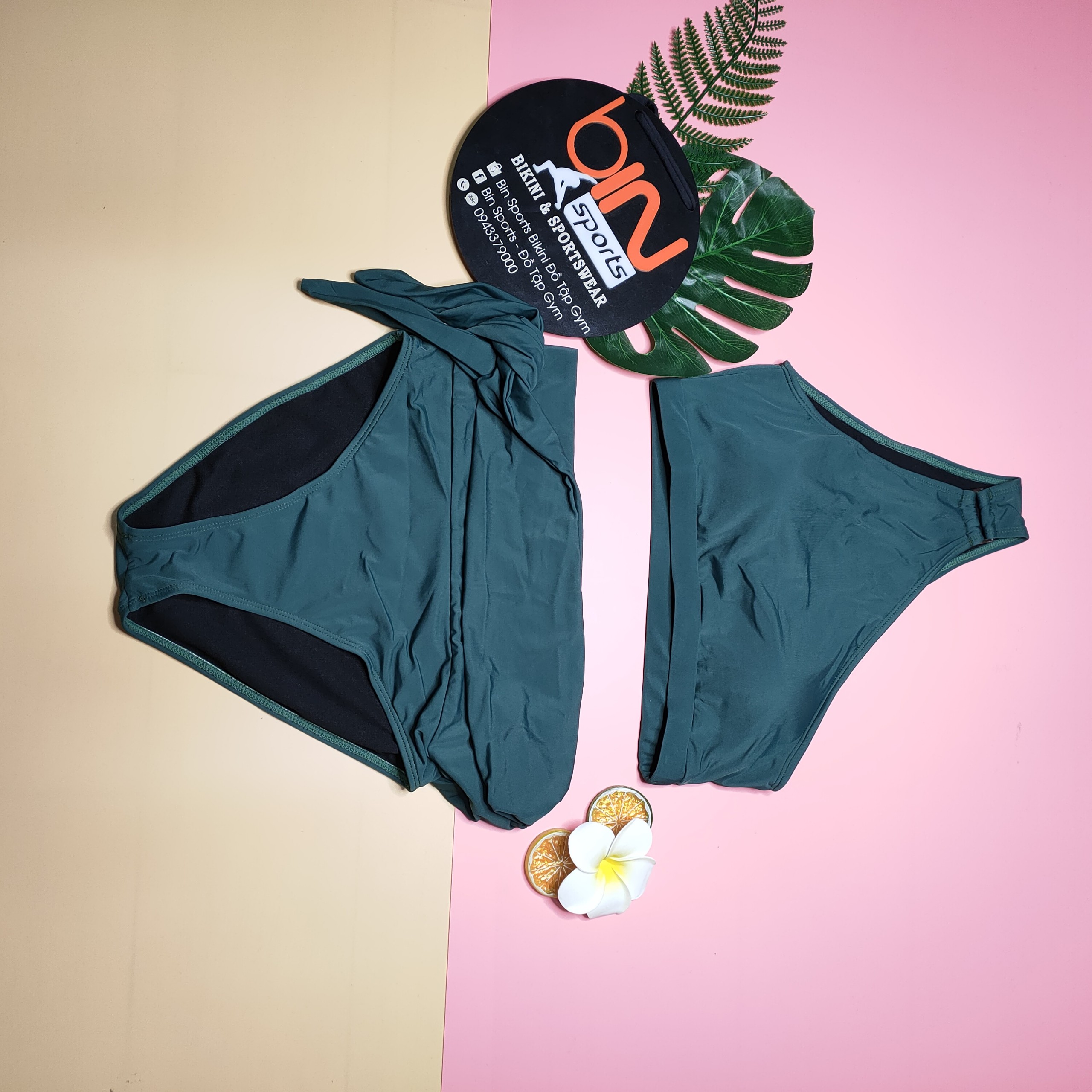 Bikini Nữ 2 Mảnh Bộ Đồ Bơi Đi Biển Quần Cạp Cao Aó Lệch Vai Kèm Mút Freesize BinSports BHV087