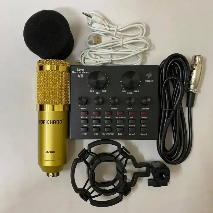 Combo Bộ míc thu âm BM900 và Sound Card V8 hát live stream với đầy đủ chức năng chỉnh giọng âm thanh