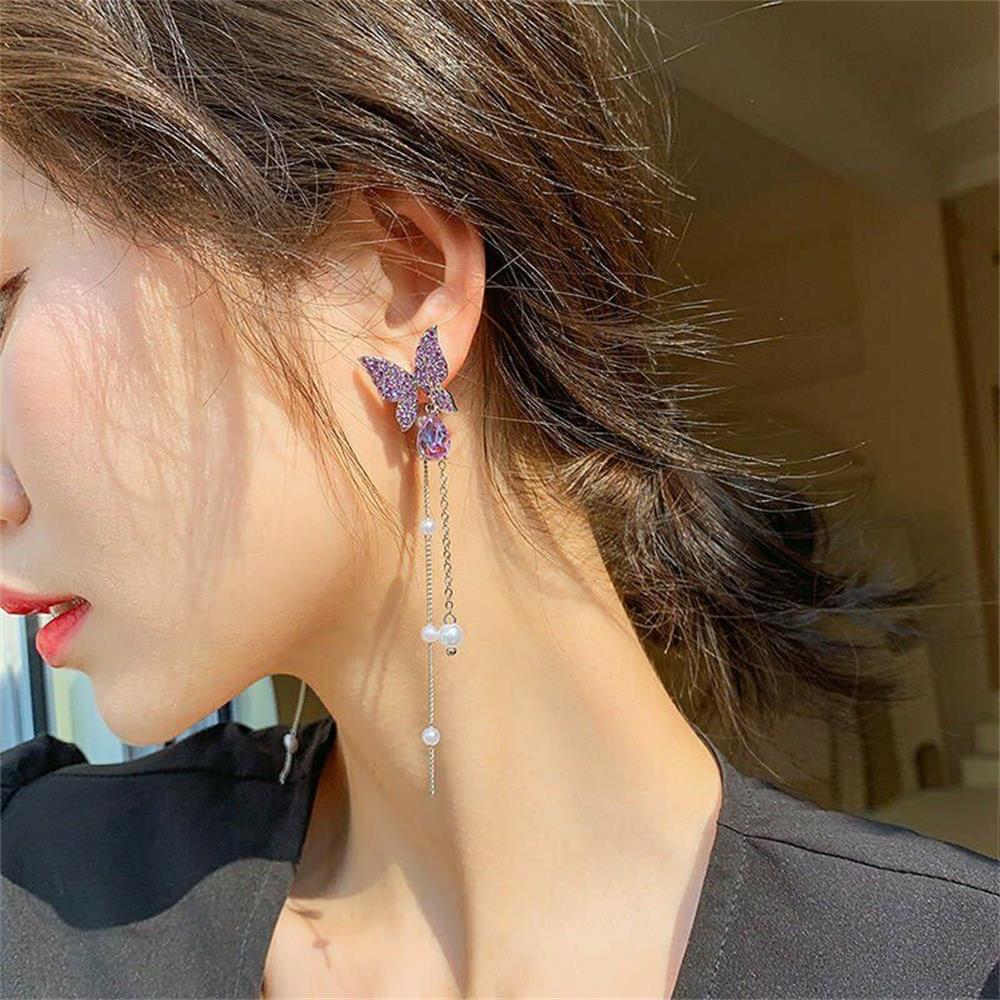 Bông tai thả đính ngọc trai hình bướm dễ thương dành cho nữ