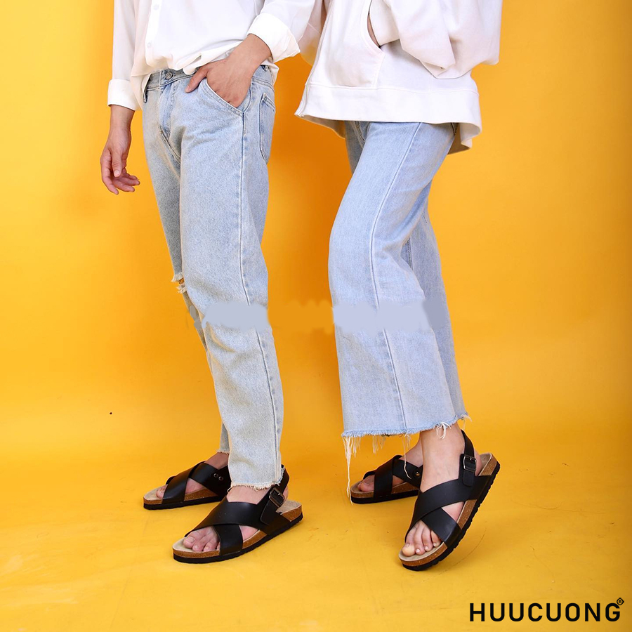 Giày Sandal đế trấu Unisex quai chéo da pu đen