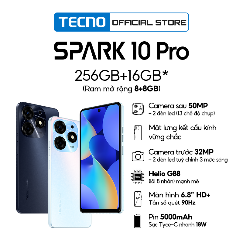[Mở bán từ 18-20/04] Điện thoại Tecno SPARK 10 Pro 8GB/256GB - Helio G88 | 5000 mAh | Sạc nhanh 18W | Cảm ứng vân tay
