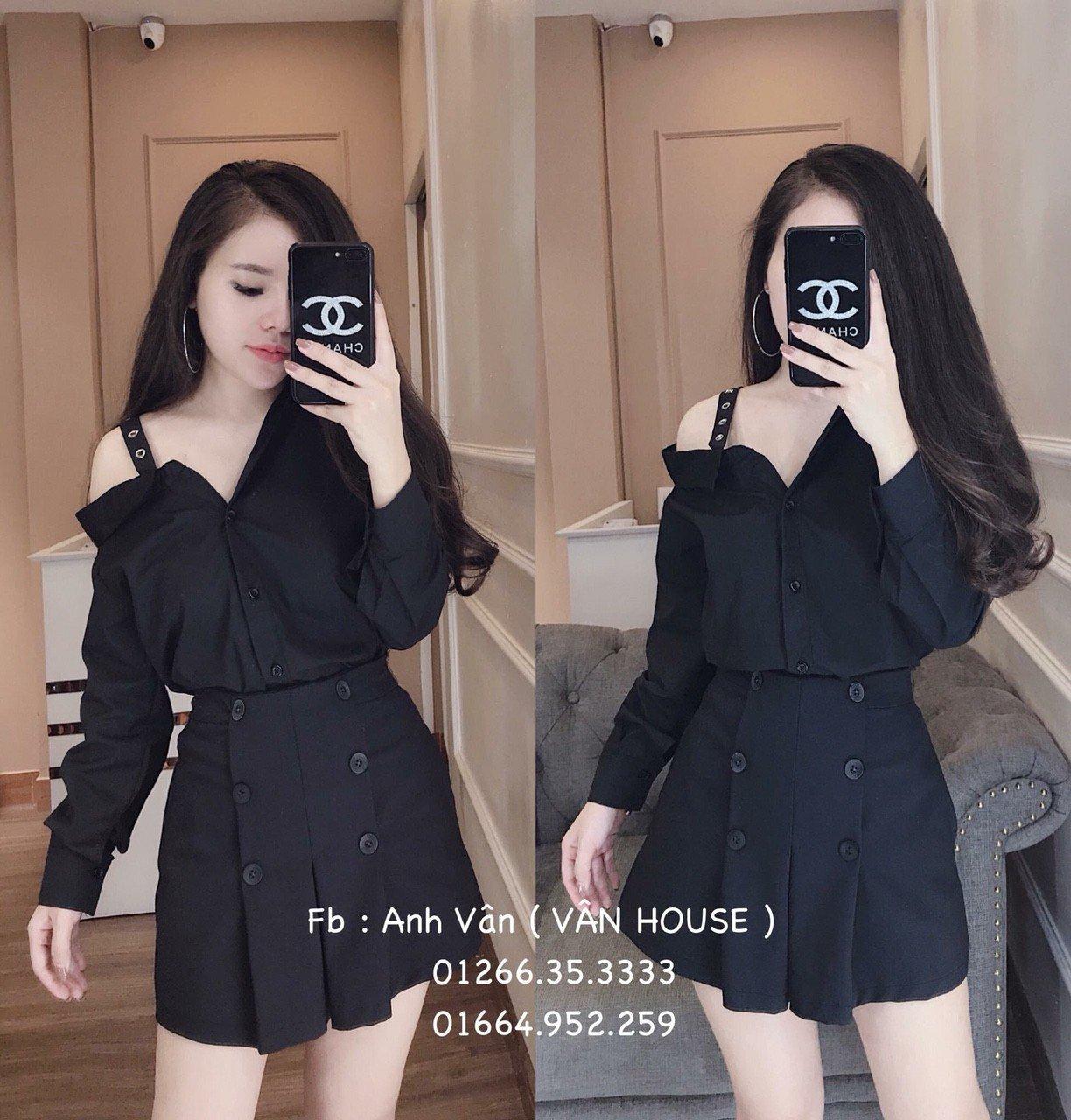Sét váy nút,áo lệch vai cát hàn ,kate 40-50-qh