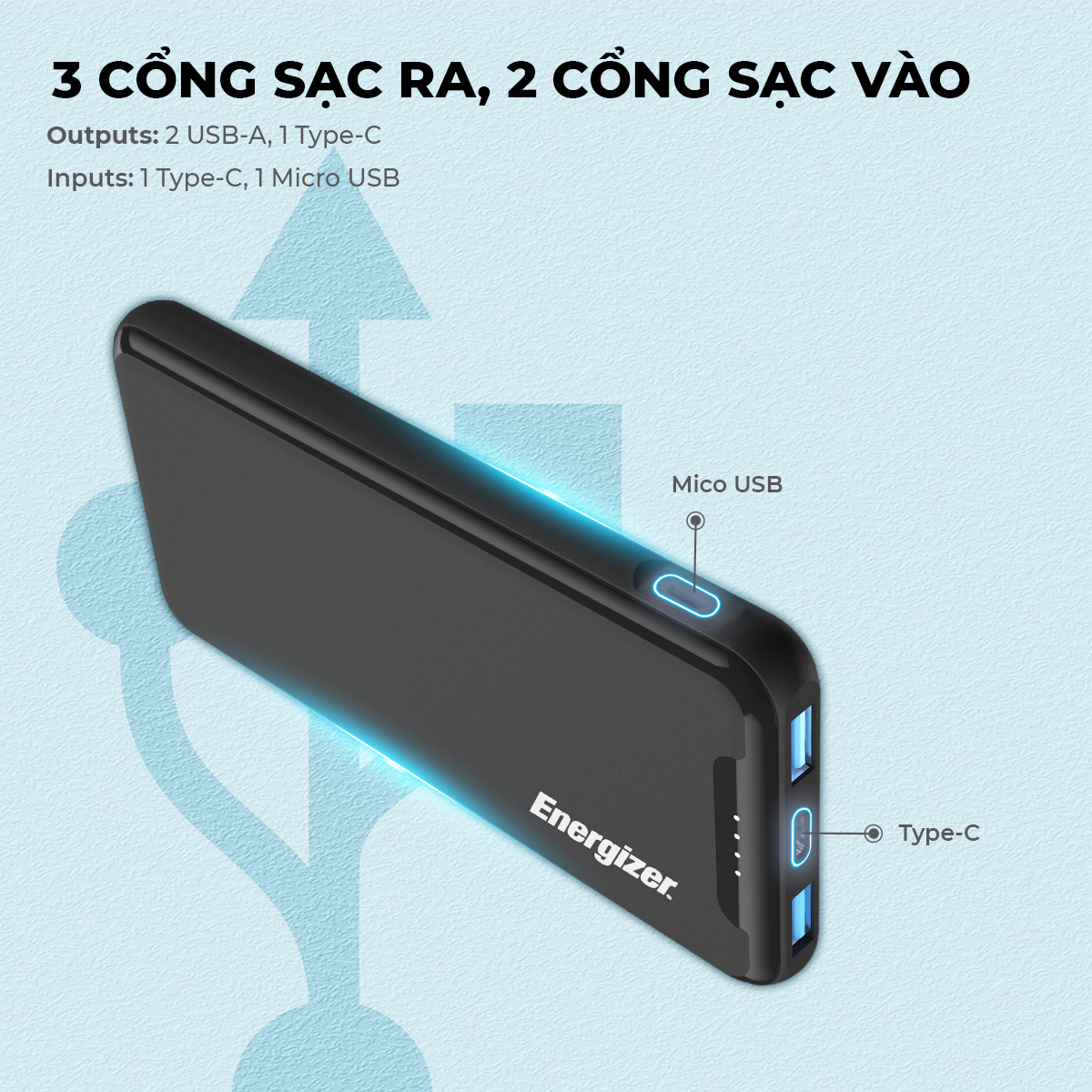 Sạc dự phòng Energizer 10000mAh UE10052PQ - 3 cổng sạc tiện lợi, tích hợp sạc nhanh 2 chiều - Hàng chính hãng, bảo hành 2 năm 1 đổi 1