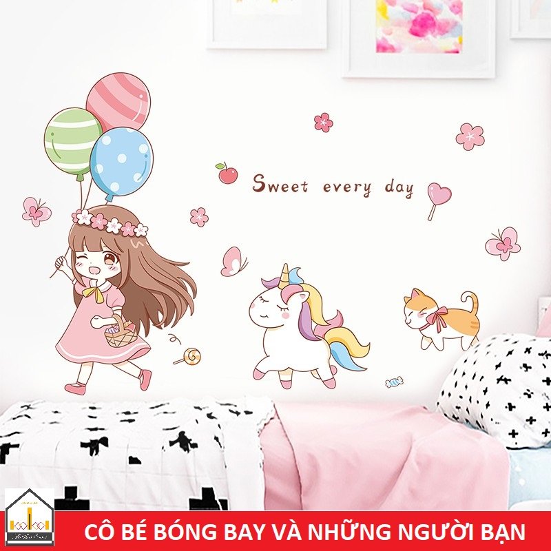 Decal dán tường bé gái bóng bay - trang trí phòng bé - thuthaodecor