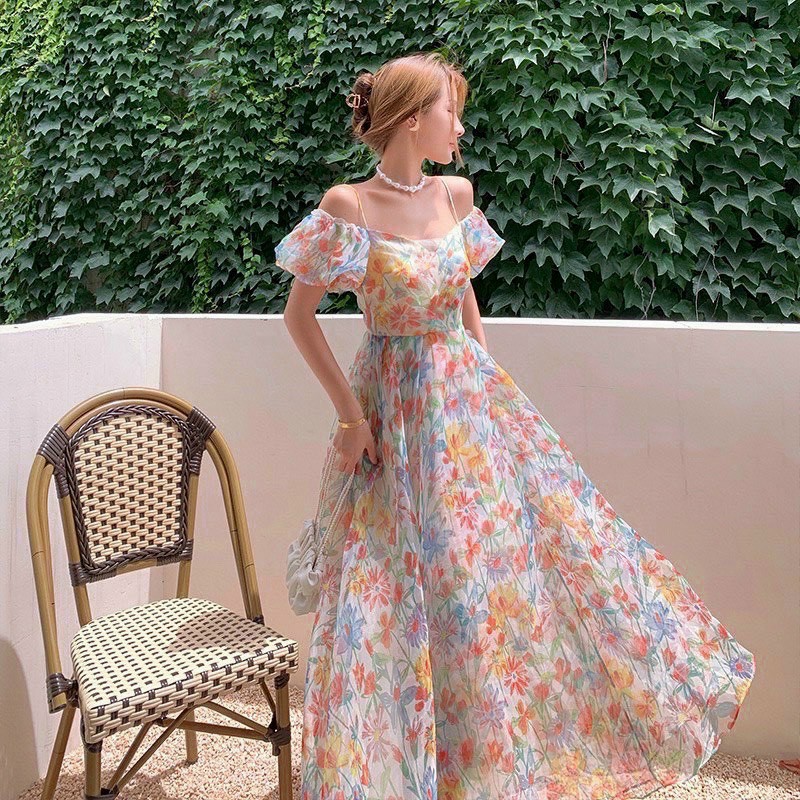 Đầm voan hoa xòe đan dây lưng thiết kế trễ vai tay phồng đẹp cực chất