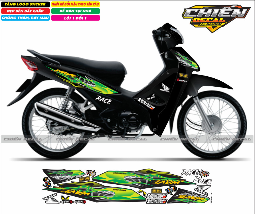 Tem rời xe wave anpha 110cc - 100cc - 50cc chế mẫu tem lửa nhiều màu lựa chọn (tem 3 lớp cao cấp)