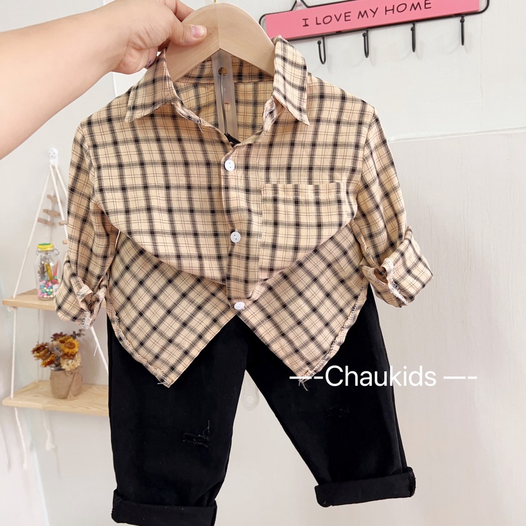 Sale bộ sơ mi karo quần kaki mềm cho bé trai size 10-20kg