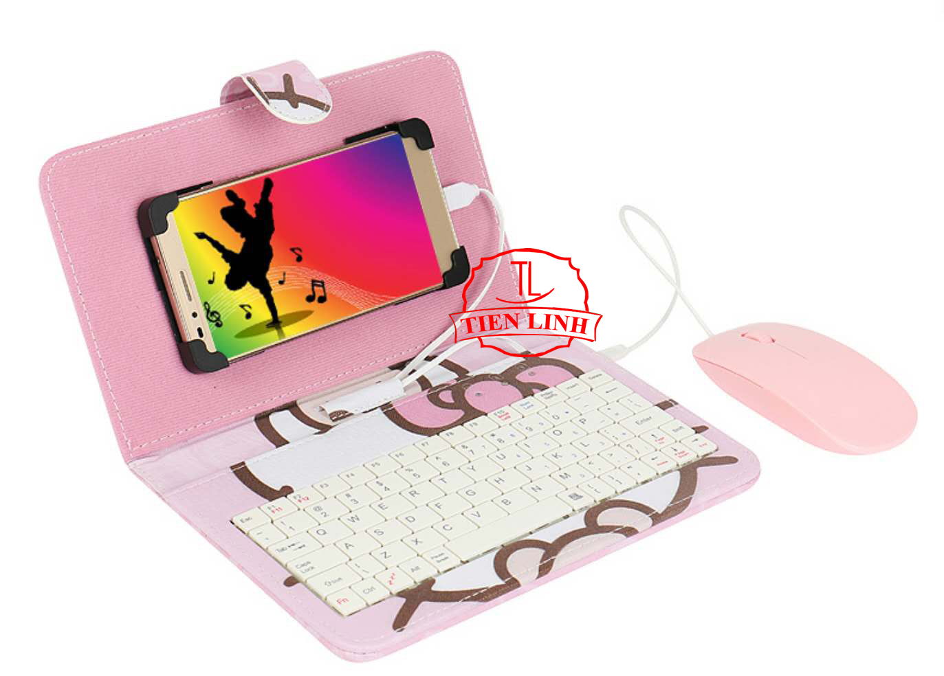 Combo bao da bàn phím + Chuột + Lót chuột cho điện thoại máy tính bảng từ 4 đến 8 inch hình HELLOKITTY ÔM GẤU