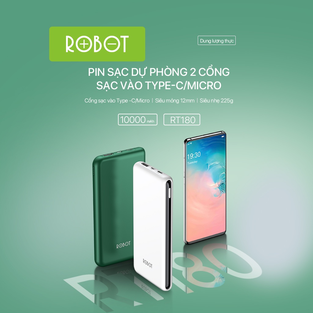 Pin Sạc Dự Phòng 10000mAh ROBOT RT180 1 Output USB & 2 Input Micro Type-C Chất Lượng