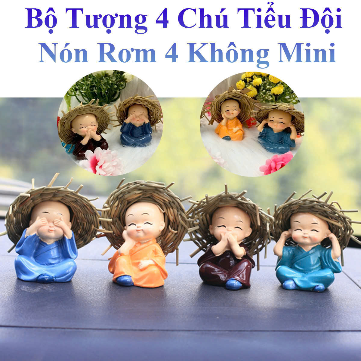 Bộ Tượng 4 Chú Tiểu Đội Nón Lá