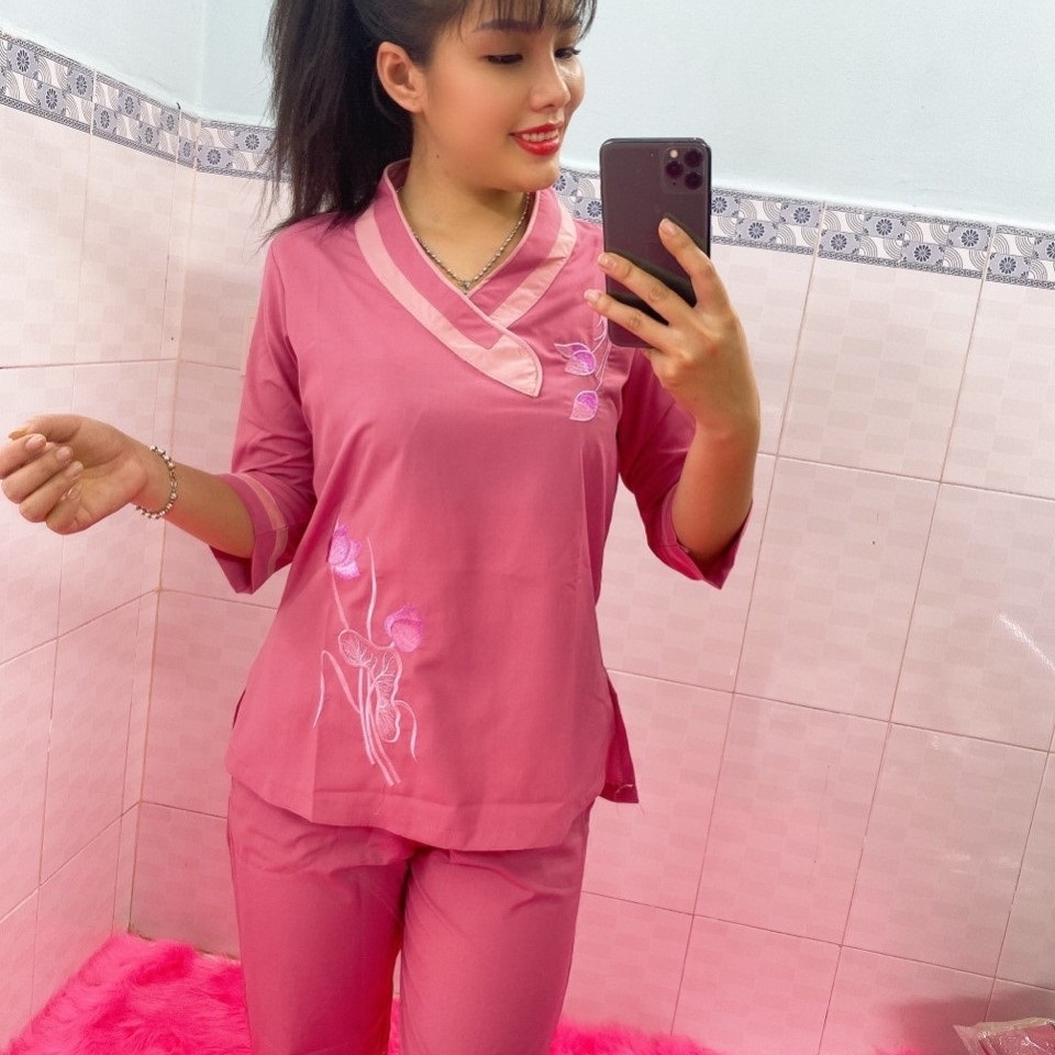 TIM BẦU KATE Trang phục truyền thống, Bộ quần áo mặc nhà, Áo trang, Quần Áo nữ Phật Tử, đồ lam Đi Chùa thêu hoa văn mẫu KA09A