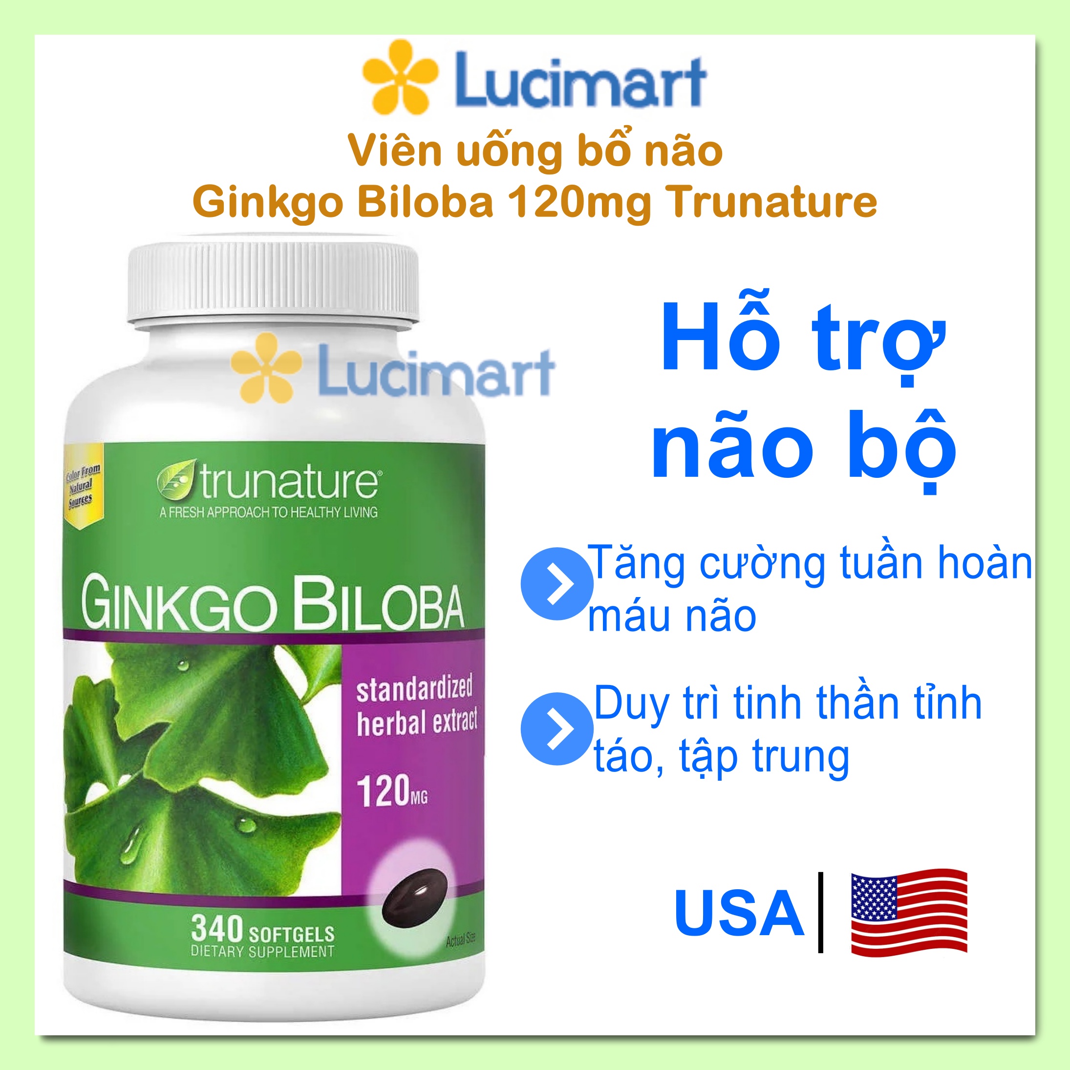 Viên uống bổ não Trunature Ginkgo Biloba 120mg hũ 340 viên [Hàng Mỹ]