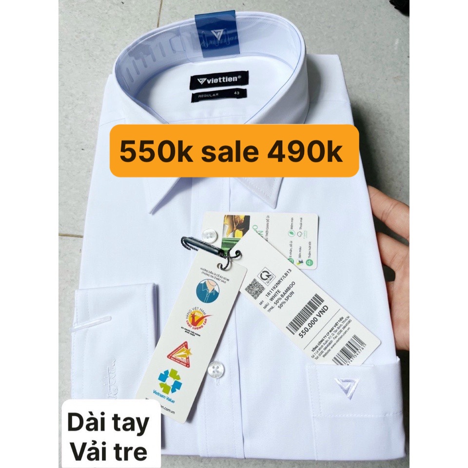 Việt tiến áo sơ mi trắng giá mác 550k sale 490k vải sợi tre(bamboo)