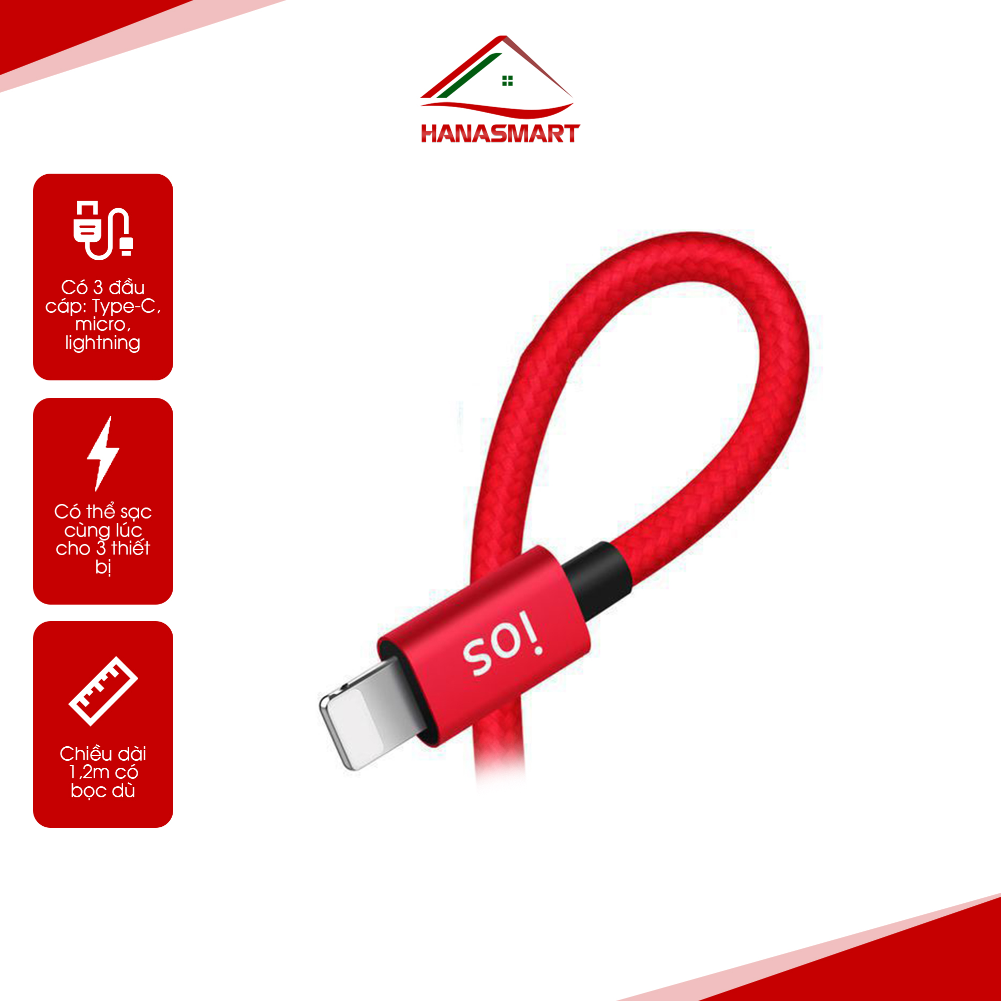 Cáp sạc dù 3in1 earldom imc-015 chính hãng hs01 dây sạc nhanh 3 đầu cáp type- c, micro, lightning - hana smart