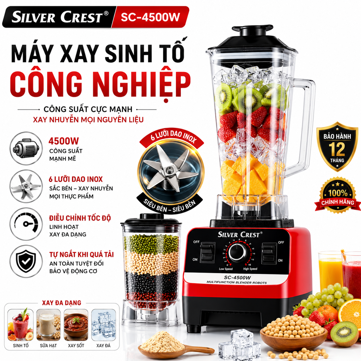 Máy Xay Sinh Tố Đa Năng SILVER CREST SC-1589Máy Xay Công Nghiệp 2 Cối Xay Công Suất 4500W