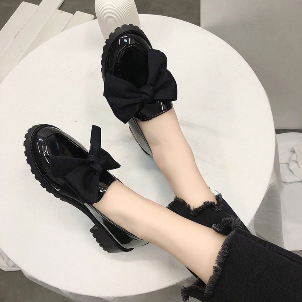 Giày đốc nữ mũi tròn phối nơ lụa to đế răng cưa 3cm thời trang