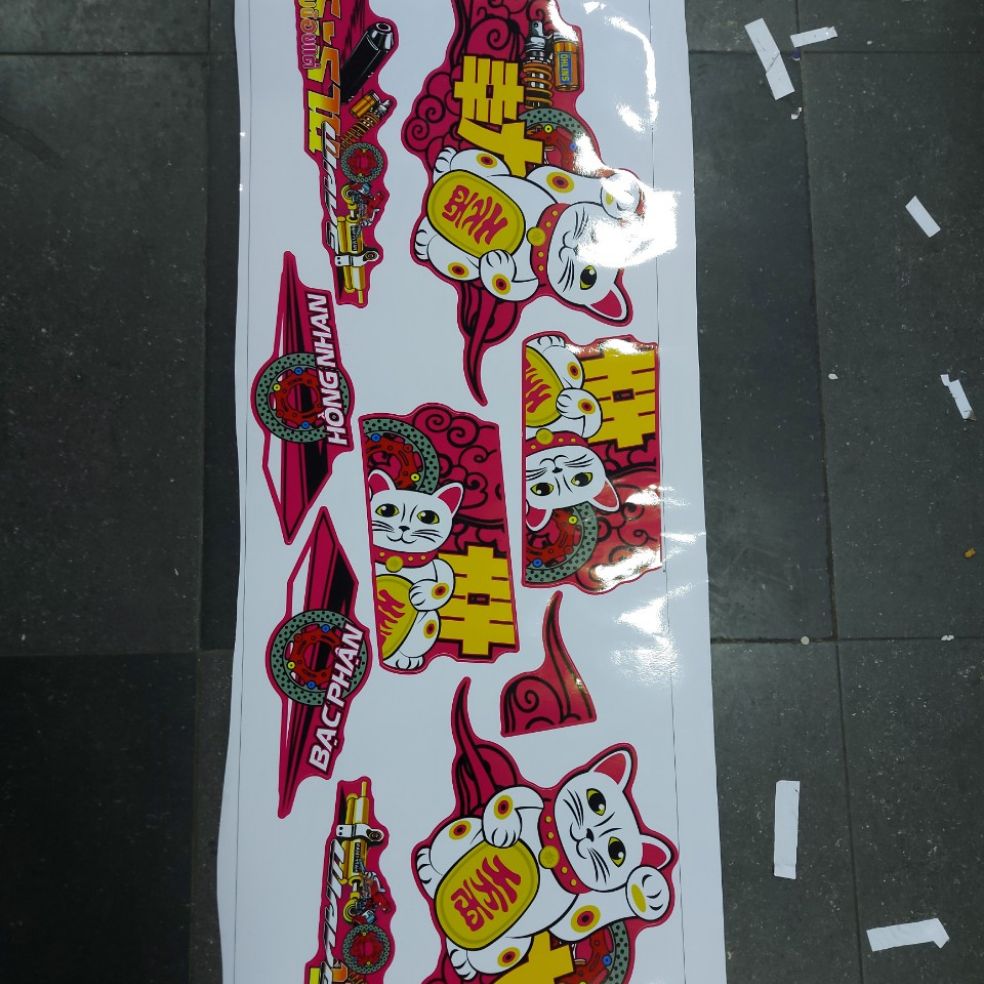 [HCM]Tem xe Wave nhỏ mẫu tem rời mèo thần rài cao cấp dán xe màu đỏ màu vàng