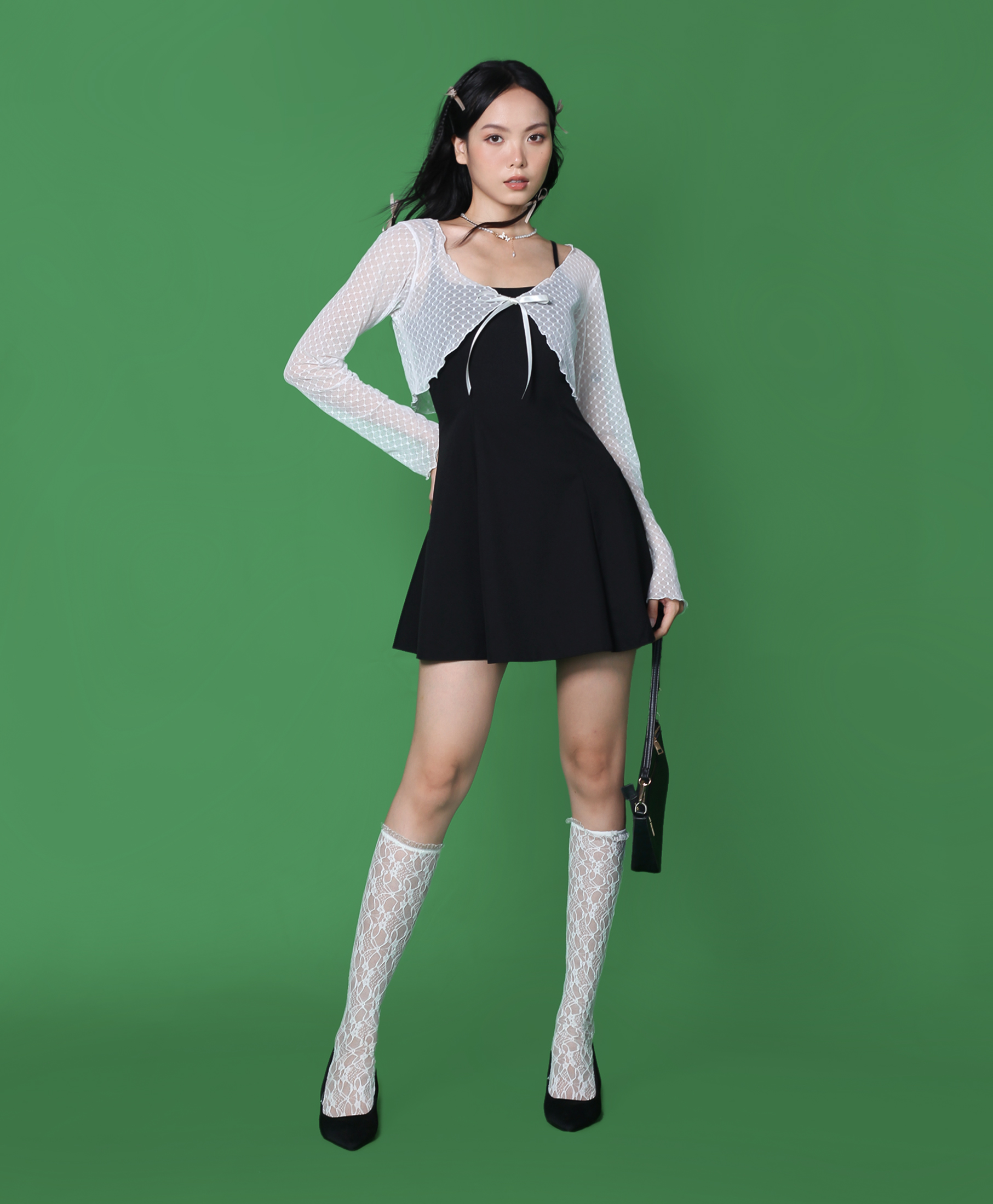 DALLA Áo ren trắng cột nơ/cuốn biên (CDG03)