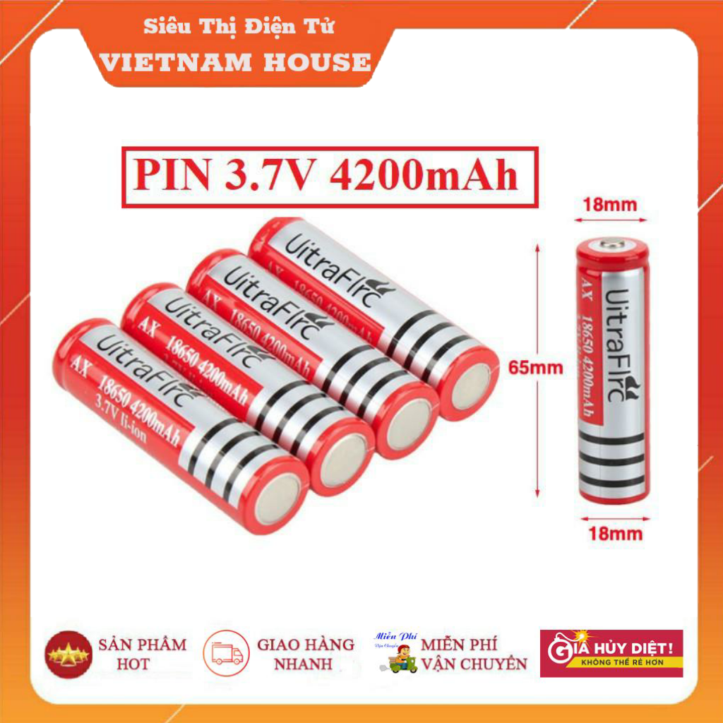 🔴ĐANG SALE || Pin Sạc 3.7V Ultrafire Đỏ Dung Lượng 4200mAh - Dùng Cho Quạt Cầm Tay & Đèn Pin.