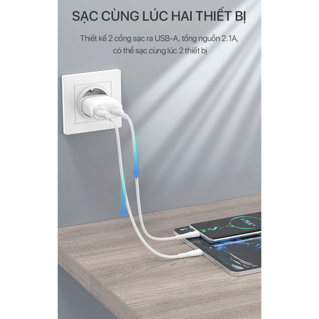 Cốc Sạc 2 Cổng USB 2.1A - ROBOT K9 - Tặng kèm Cáp Micro 1m